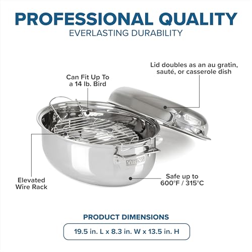 Viking 3-Ply Oval Roasting Pan, 8.5 Quart, Stainless Steel Kitchen Cookware with Metal Induction Lid and Rack, Great for Turkey, Dishwasher and Oven Safe, Silver - Image 4