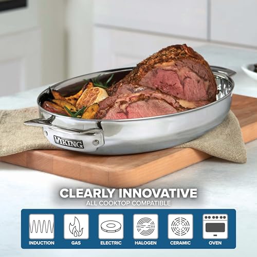 Viking 3-Ply Oval Roasting Pan, 8.5 Quart, Stainless Steel Kitchen Cookware with Metal Induction Lid and Rack, Great for Turkey, Dishwasher and Oven Safe, Silver - Image 5