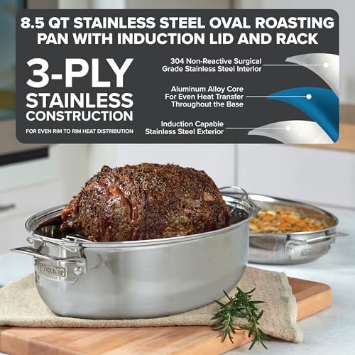 Viking 3-Ply Oval Roasting Pan, 8.5 Quart, Stainless Steel Kitchen Cookware with Metal Induction Lid and Rack, Great for Turkey, Dishwasher and Oven Safe, Silver - Image 2