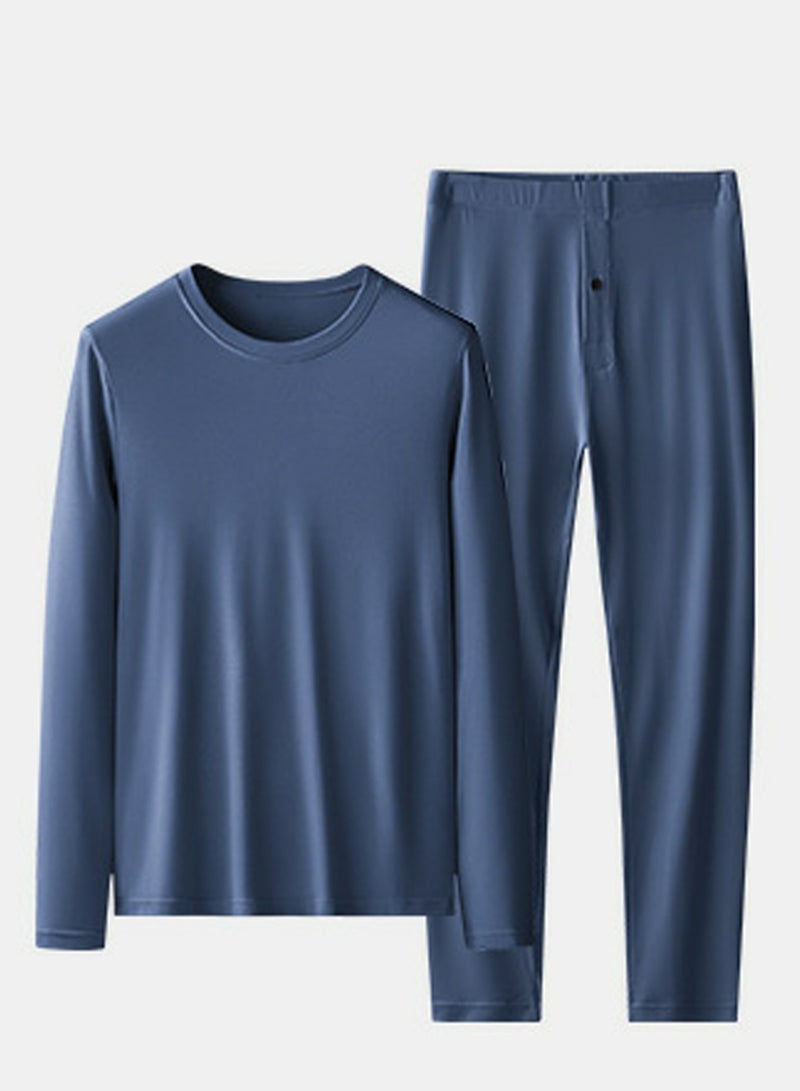 Loquat Mens Solid Color Thin Seamless Long Johns And Crew-Neck Thermal Underwear Set 2 Piece Base Layer Set for Men Navy Blue 