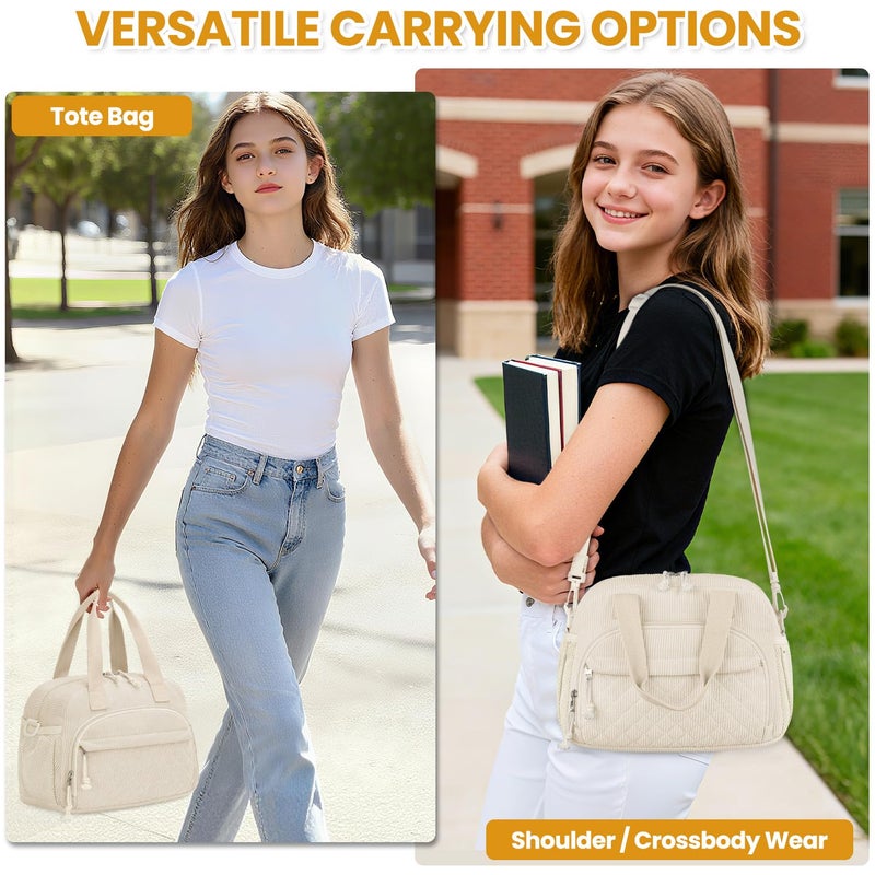 ELONGRIVER Corduroy Insulated Lunch Bag for Women Teen Girls, Portable Adult Lunch Box, Reusable Tote Cooler Bags, Lightweight Womens Lunch Bags with Front Pockets for Work School Picnic Travel, Beige - Image 2