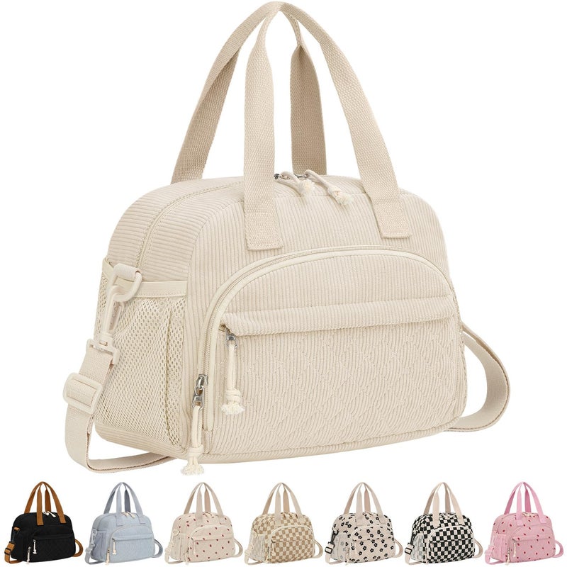 ELONGRIVER Corduroy Insulated Lunch Bag for Women Teen Girls, Portable Adult Lunch Box, Reusable Tote Cooler Bags, Lightweight Womens Lunch Bags with Front Pockets for Work School Picnic Travel, Beige - Image 1