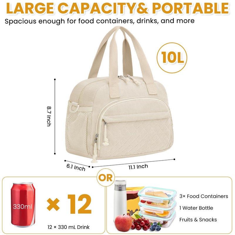 ELONGRIVER Corduroy Insulated Lunch Bag for Women Teen Girls, Portable Adult Lunch Box, Reusable Tote Cooler Bags, Lightweight Womens Lunch Bags with Front Pockets for Work School Picnic Travel, Beige - Image 3