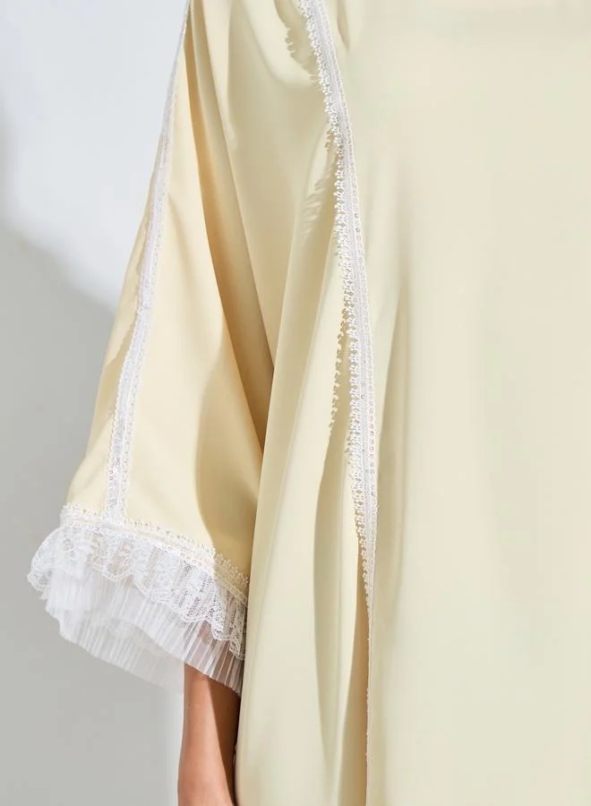 Styli Yellow Yellow Long Sleeve Lace Trim Kaftan for Women | Best Price UAE