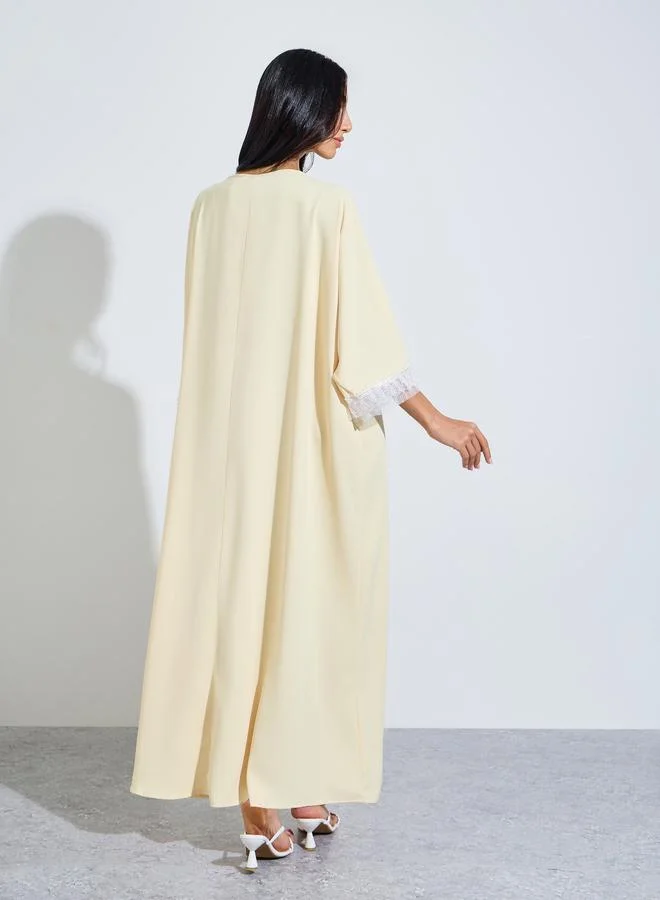 Styli Yellow Yellow Long Sleeve Lace Trim Kaftan for Women | Best Price UAE