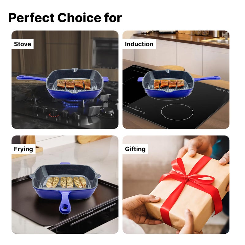 The Better Home The Better Home Rustic Series Cast Iron Grill Pan | Enamel Coated Cast-Iron Non Stick Pan with Silicon Sleeve | Gas & Induction Cookware with Long Ergonomic Handle (Purple/Black)  - Image 5