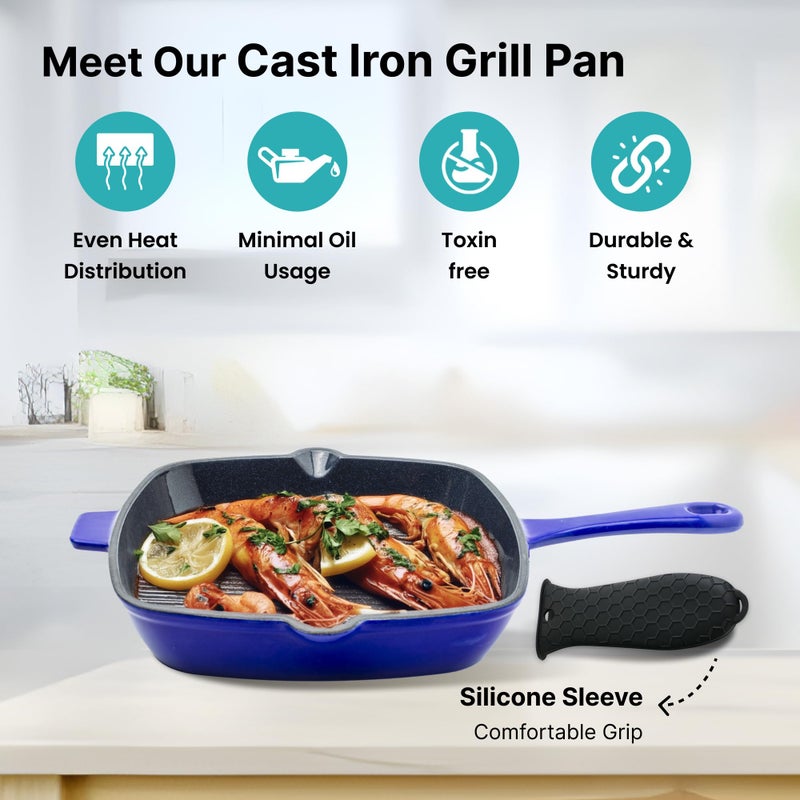 The Better Home The Better Home Rustic Series Cast Iron Grill Pan | Enamel Coated Cast-Iron Non Stick Pan with Silicon Sleeve | Gas & Induction Cookware with Long Ergonomic Handle (Purple/Black)  - Image 3