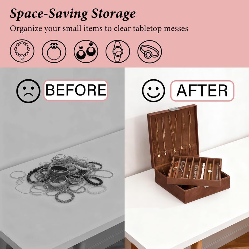 BEWISHOME Jewelry Boxes for Women, 2-Layer Necklace Organizer Box, Modern Style Jewelry Organizers and Storage with Removable Pad for Earrings, Necklace, Bracelet (Brown SSH31Z) - Image 5