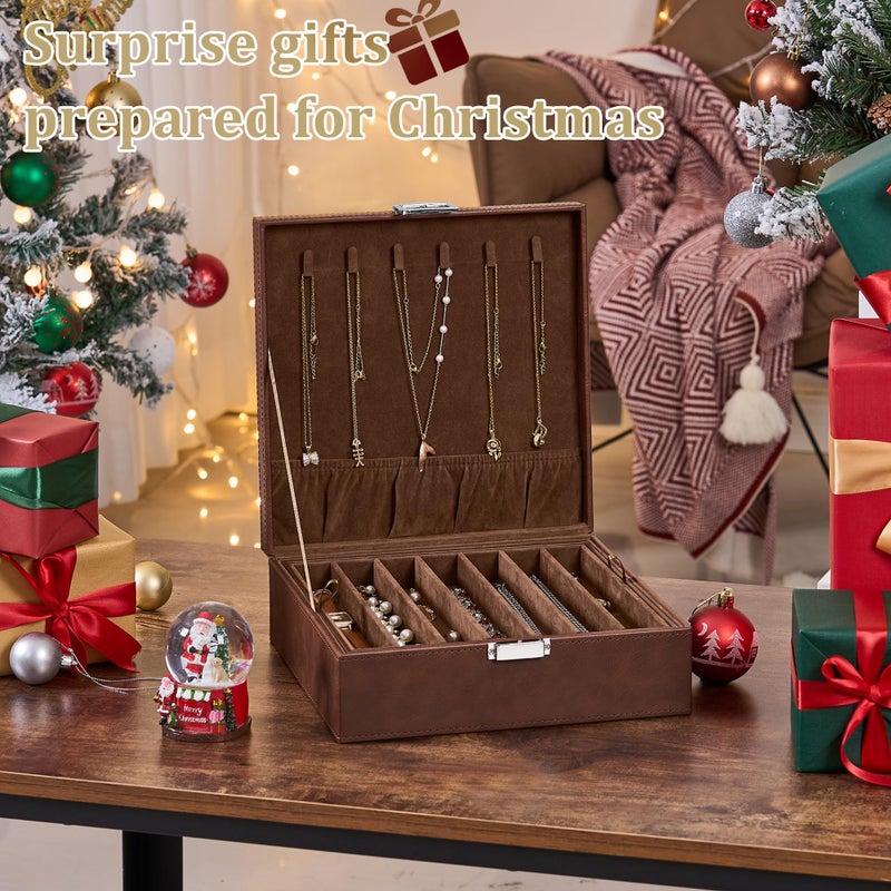 BEWISHOME Jewelry Boxes for Women, 2-Layer Necklace Organizer Box, Modern Style Jewelry Organizers and Storage with Removable Pad for Earrings, Necklace, Bracelet (Brown SSH31Z) - Image 2