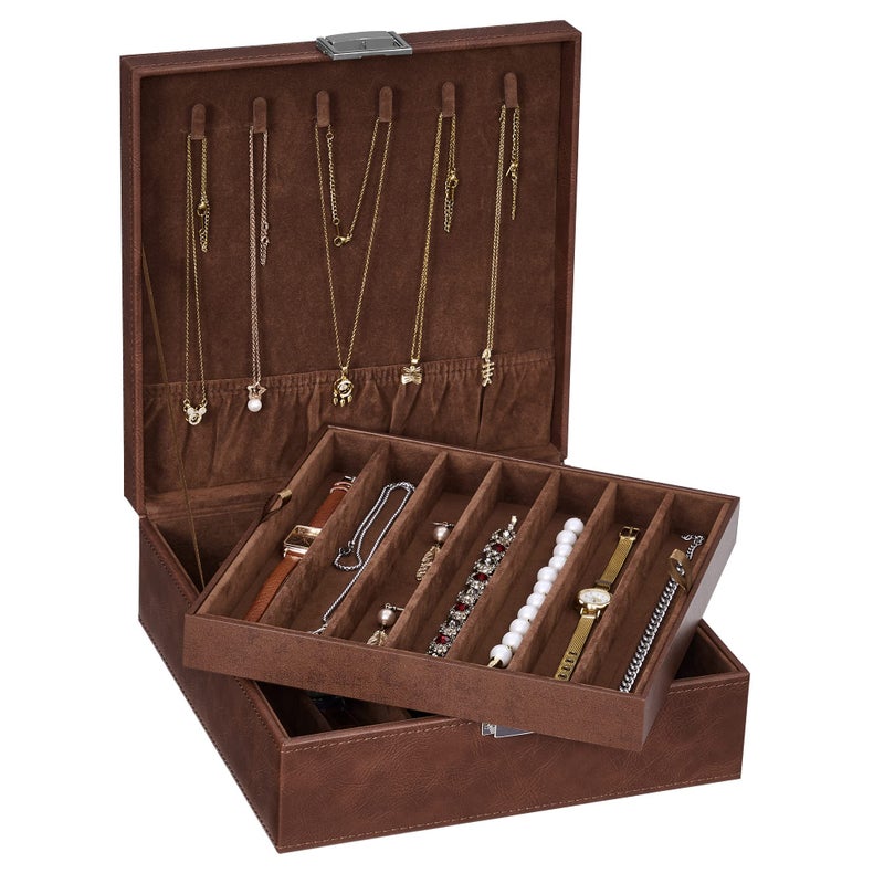 BEWISHOME Jewelry Boxes for Women, 2-Layer Necklace Organizer Box, Modern Style Jewelry Organizers and Storage with Removable Pad for Earrings, Necklace, Bracelet (Brown SSH31Z) - Image 1