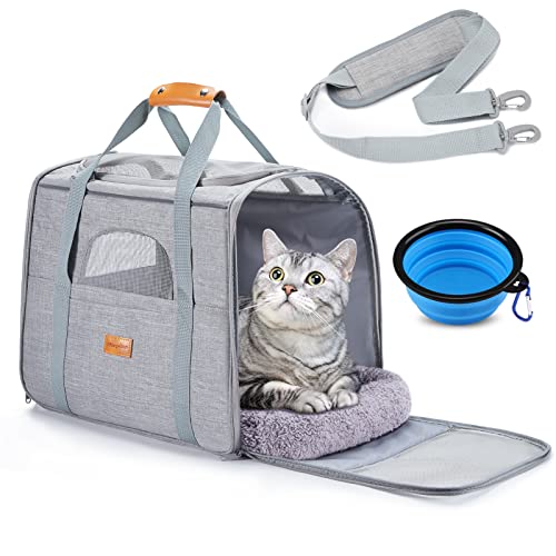 Morpilot Portable Cat Carrier Soft Sided Cat Carrier for Medium Cats and Puppy up to 15lbs Pet Carrier with Locking Safety Zippers Foldable Bowl Airline Approved Travel Dog Carrier Light Gray