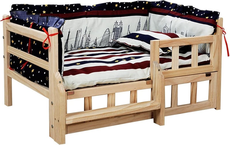 Pet Bed Heavy Duty Raised Kennels Bed with Washable Bedding ＆ Stairs, Wooden Portable Elevated Pet Couch, for Indoor Outdoor, Four Seasons Universal (Color : Style3, Size : S-54x39x38cm/ - Image 1