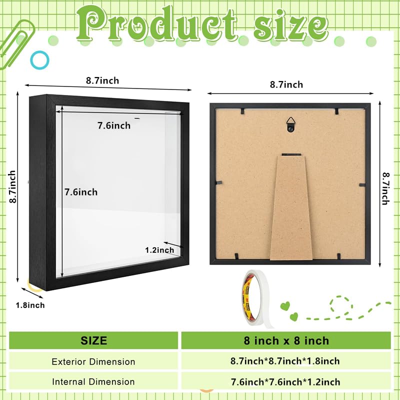 IWOLOMI 4 Pack 8 x 8 Shadow Box Picture Frame 3D Frames Shadow Box Square Shadow Boxes Display Cases with Adhesive Tape for Baby Items Wedding Memories Crafts Awards Medals Tickets and Photos (Black) - Image 2