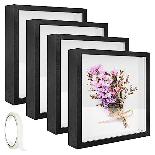 IWOLOMI 4 Pack 8 x 8 Shadow Box Picture Frame 3D Frames Shadow Box Square Shadow Boxes Display Cases with Adhesive Tape for Baby Items Wedding Memories Crafts Awards Medals Tickets and Photos (Black) - Image 1