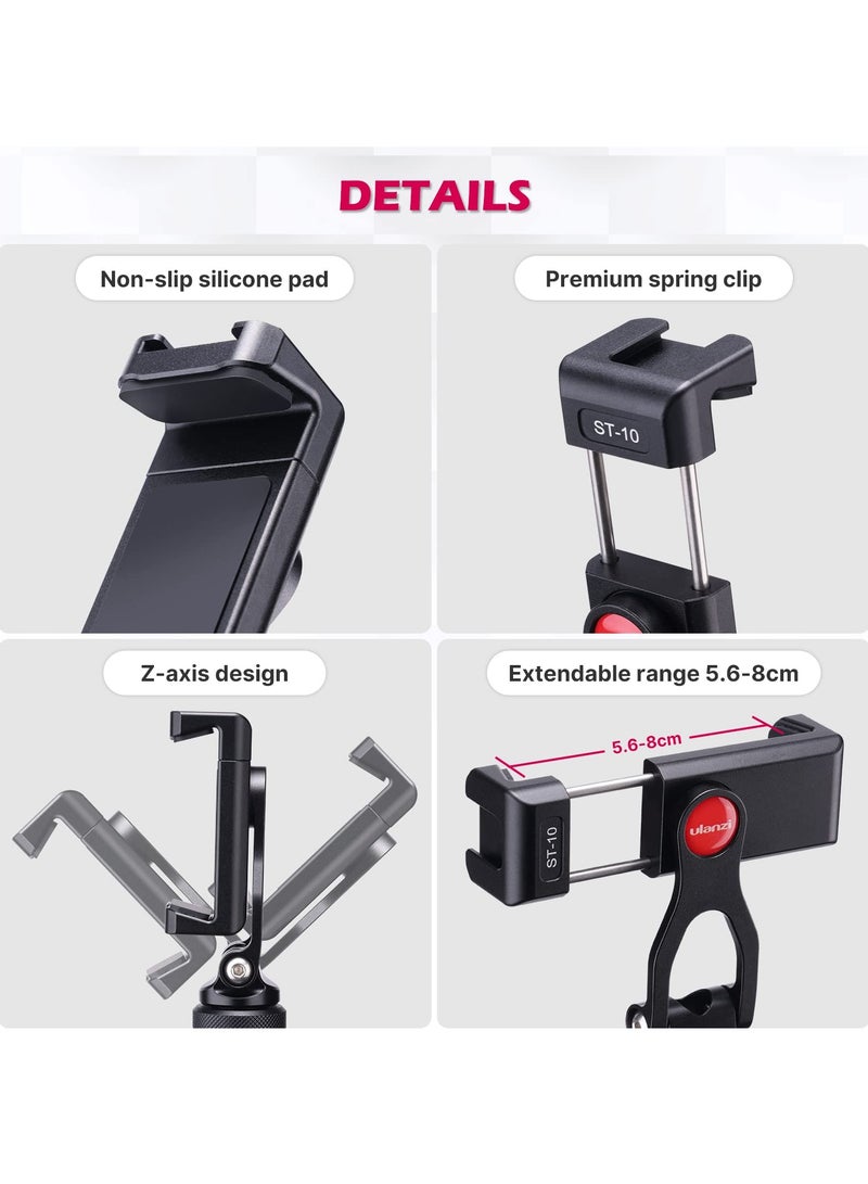 ULANZI Metal Phone Tripod Mount ST-10, Universal 360° Smartphone Adapter with 2 Cold Shoe Mount, Adjustable Cell Phone Clamp Stand Holder, Compatible with iPhone, Samsung Galaxy and All Phones - view 5
