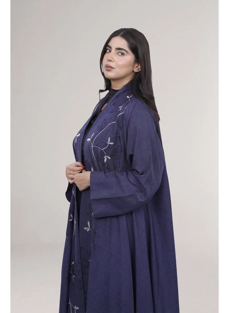 Fashion Line Elegant Floral Embroidered Textured Open Abaya - Navy Blue