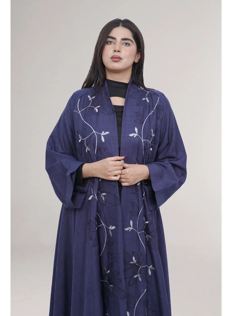 Fashion Line Elegant Floral Embroidered Textured Open Abaya - Navy Blue