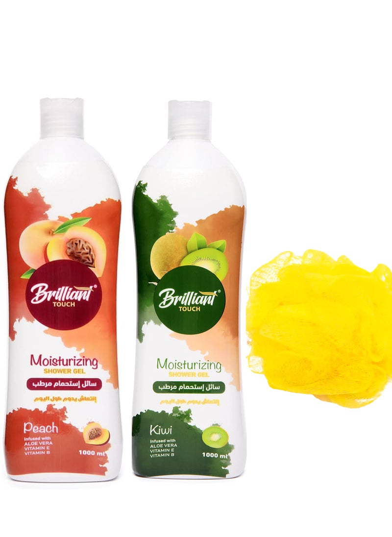 Brilliant Brilliant Touch Shower Gel with Moisturizing and Peach Scent +Brilliant Touch Shower Gel Kiwi Scent 2000ml+ Bath Loofah Multi Color 