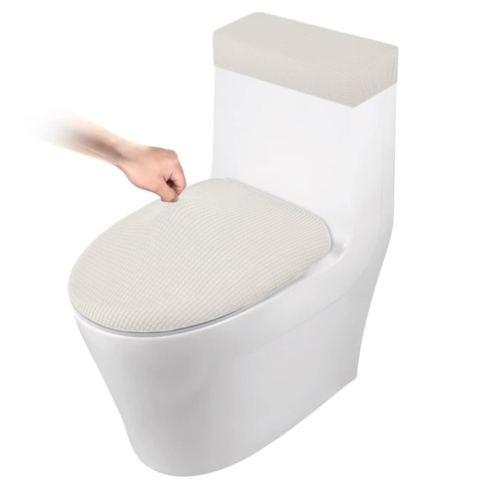 TOILET LID COVER AND TOILET TANK COVER STRETCH TOILET COVERS SET FOR BATHROOM POLYESTER SPANDEX JACQUARD FABRIC MACHINE WASHABLE WITH ELASTIC BOTTOM IVORY