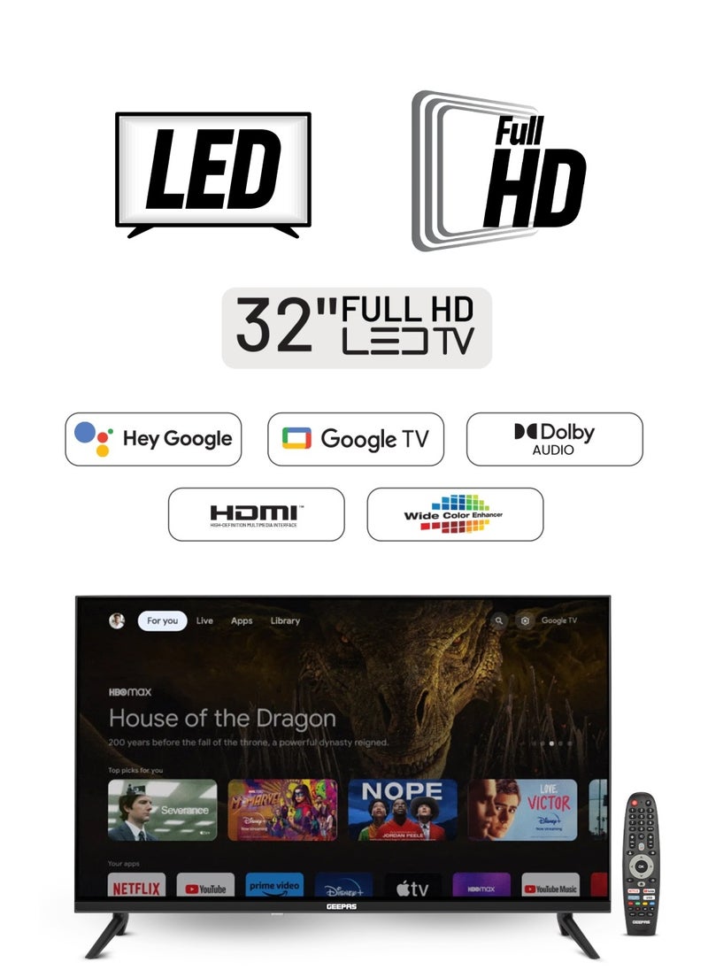 GEEPAS 32 Inch Frameless Full HD Google LED TV With Remote Control| HDMI And USB Ports, PC Audio In  | Chromecast build-in, Dolby Audio, DVBT2/S2| Wall-mount Bracket| GLED3214SGXHD Black  - Image 1