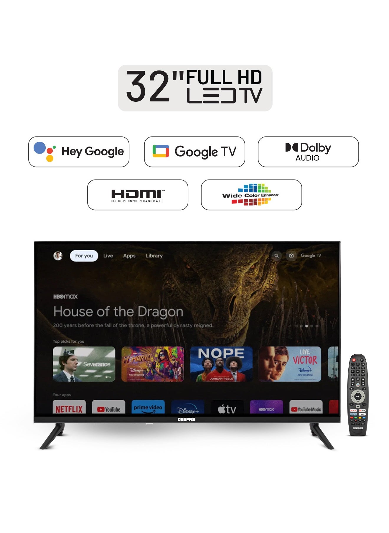 تلفزيون جوجل إل إي دي 32 بوصة بدون إطار بدقة Full HD مع جهاز تحكم عن بعد| منافذ HDMI وUSB، ومدخل صوت للكمبيوتر الشخصي | جهاز Chromecast مدمج، صوت Dolby، DVBT2/S2| GLED3214SGXHD أسود 