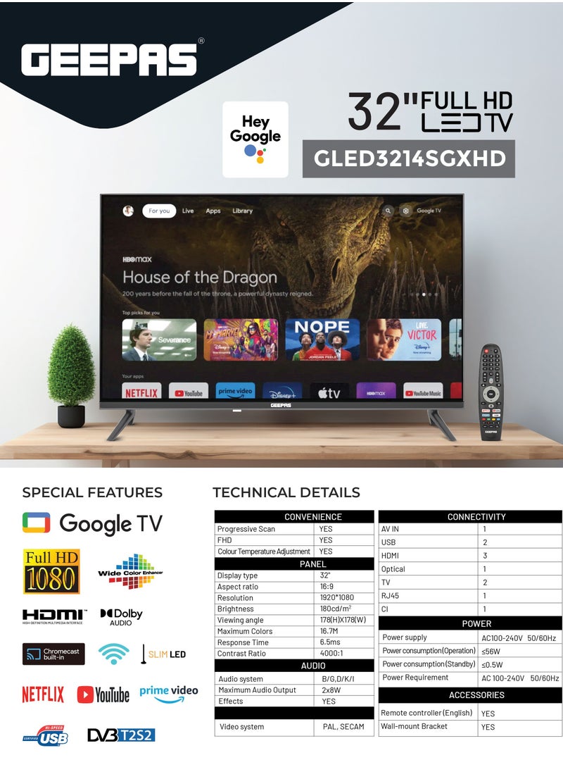 GEEPAS 32 Inch Frameless Full HD Google LED TV With Remote Control| HDMI And USB Ports, PC Audio In  | Chromecast build-in, Dolby Audio, DVBT2/S2| Wall-mount Bracket| GLED3214SGXHD Black  - Image 2