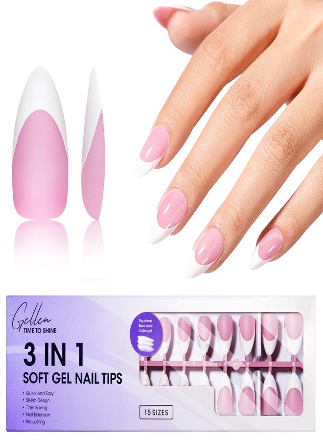 Gellen Almond French Tip Press on Nails Pink, 3 in 1 Soft Gel Nail Tips, Pre-colored Press on Nails Medium Almond Fake Nails with White Tips, Nail Extension Gel Nails Tips - Image 1