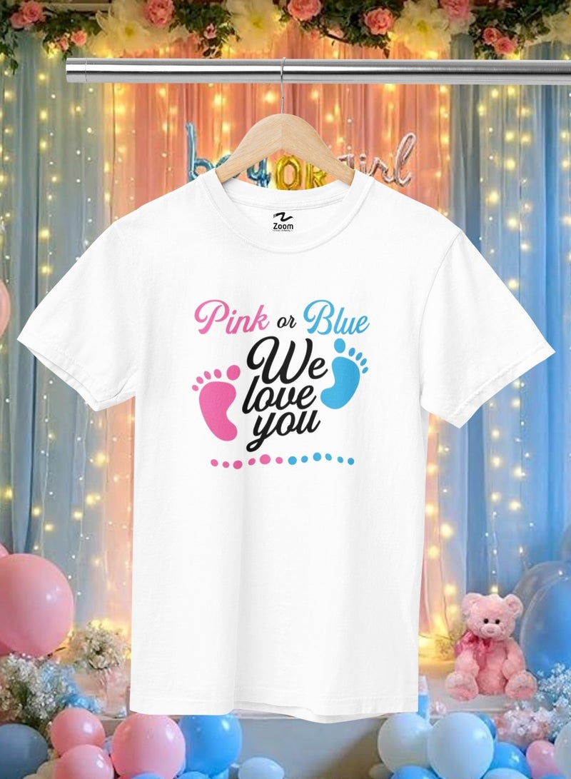 ZOOM تي شيرت كشف جنس الطفل وردي أو أزرق نحن نحبك - جميع الأحجام