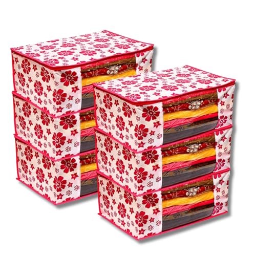 BB BACKBENCHERS Saree Cover/Bags/Organizer For Wardrobe - Foldable Saree Covers With Zip, Multipurpose Storage Bag For Suit, Lehanga, Dress Packing With Transparent Window, Pack of 6 (FLOWER) - Image 1