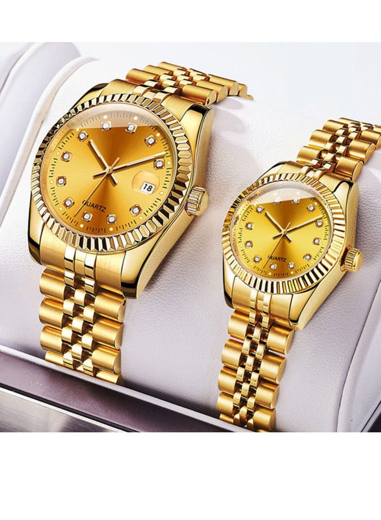 Couple Quartz Watch for Women Men Diamond Stainless Steel Calendar Lover Simple Leisure Gold Clock Wristwatch  - Image 1