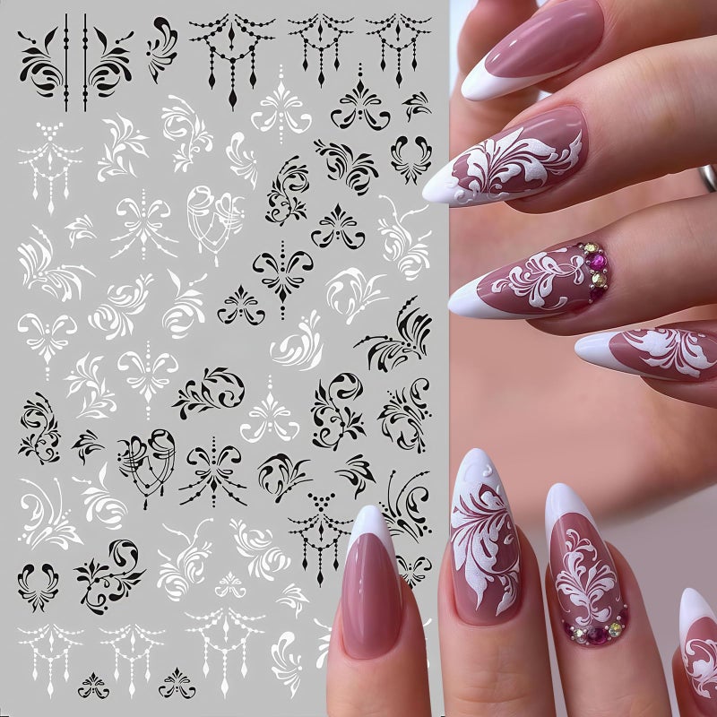 Quezadyl 10 Sheets Black White Leaves Flowers Nail Stickers Decals 3D Self- Adhesive Retro Flower Vintage Vine Rose Flower Butterflies Nail Design Classic Fashion Simple Nails Supplies for Acrylic Nail DIY - Image 4