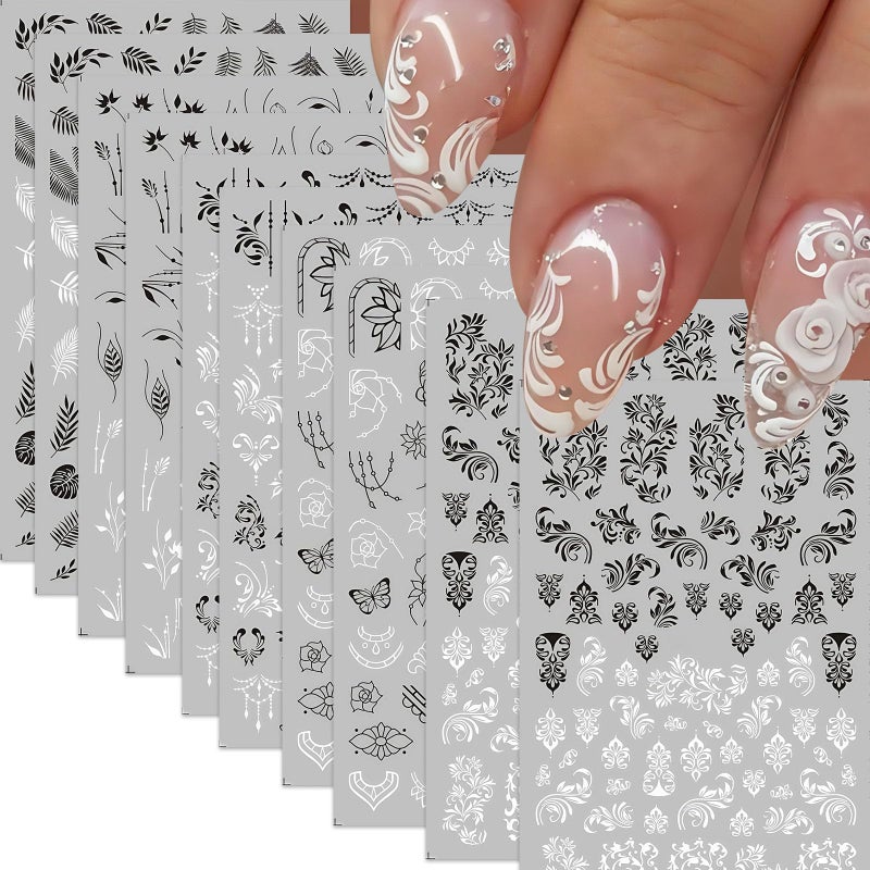 Quezadyl 10 Sheets Black White Leaves Flowers Nail Stickers Decals 3D Self- Adhesive Retro Flower Vintage Vine Rose Flower Butterflies Nail Design Classic Fashion Simple Nails Supplies for Acrylic Nail DIY - Image 1