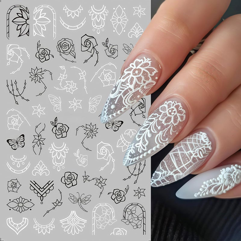 Quezadyl 10 Sheets Black White Leaves Flowers Nail Stickers Decals 3D Self- Adhesive Retro Flower Vintage Vine Rose Flower Butterflies Nail Design Classic Fashion Simple Nails Supplies for Acrylic Nail DIY - Image 5