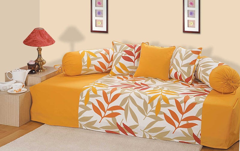 Swayam 200TC Diwan Set Pure Cotton 6 Pcs | Deewan Leaf Printed Bedsheet Set for Living Room Hall (1-Bed Sheet 60x90 Inch | 2-Bolster Cover 30x30 Inch | 3 Cushion Cover 16x16 Inch) - Orange - Image 4