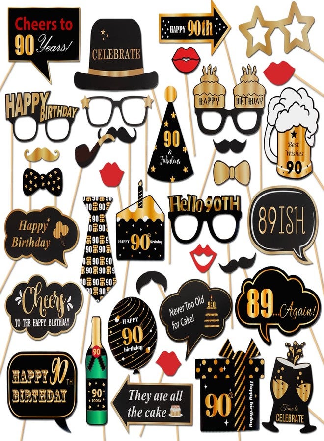 LINGTEER Happy 90th Birthday Party Photo Booth Props,Cheers to 90th Birthday Ninety Years Old Bday Party Centerpieces Props Decorations Sign. - Image 1