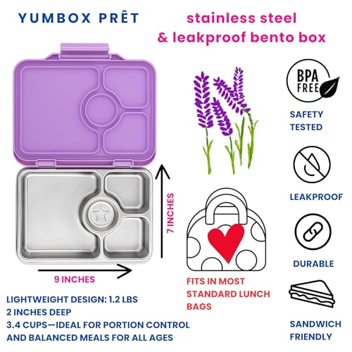 Yumbox Prêt Leakproof Stainless Steel Bento Lunch Box, 3.4 Cup Healthy Portion Size for Balanced Eating – Durable Lunch Container for Sandwiches & Snacks (Lavande Purple) - Image 2