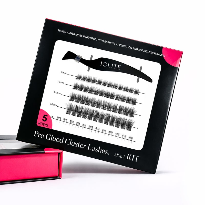 DIY Lash Clusters – Iolite Pre-Glued Premade Lash Kit, Self-Adhesive Russian Eyelash Extensions Fluffy Wispy Cat Eye False Lashes Premade Volume & Classic Clusters Easy Apply with Tweezers, Reusable