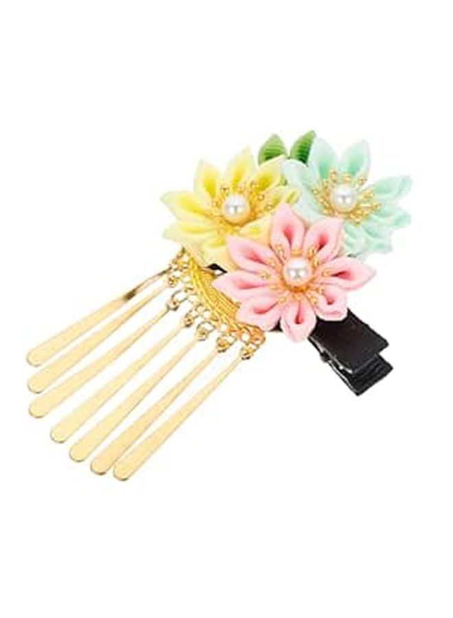 Japanese Floral Barrette With Tassel Small Kimono Hair Clip Pink Yellow Green - Image 1