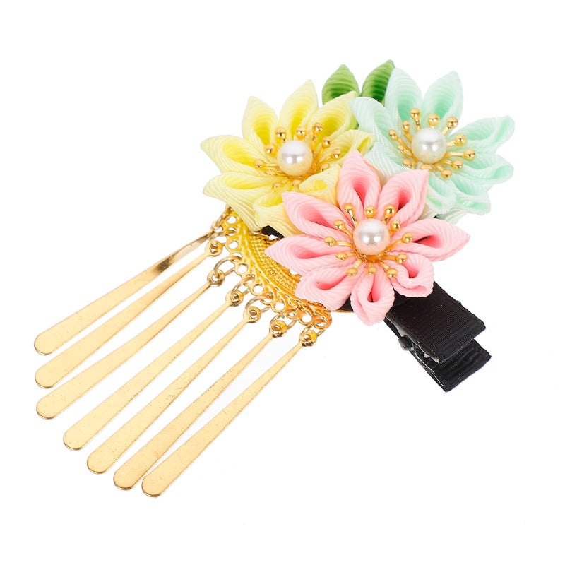 Japanese Floral Barrette With Tassel Small Kimono Hair Clip Pink Yellow Green - Image 2