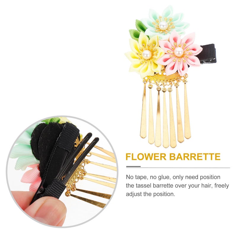 Japanese Floral Barrette With Tassel Small Kimono Hair Clip Pink Yellow Green - Image 4