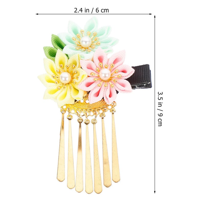 Japanese Floral Barrette With Tassel Small Kimono Hair Clip Pink Yellow Green - Image 3