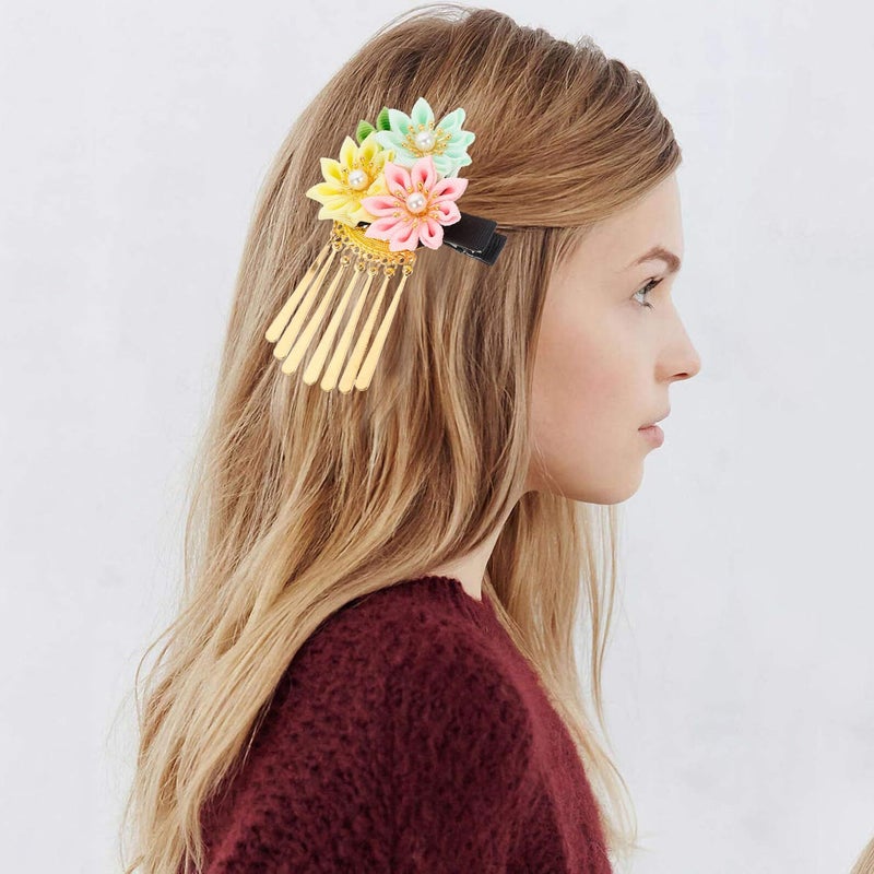 Japanese Floral Barrette With Tassel Small Kimono Hair Clip Pink Yellow Green - Image 5