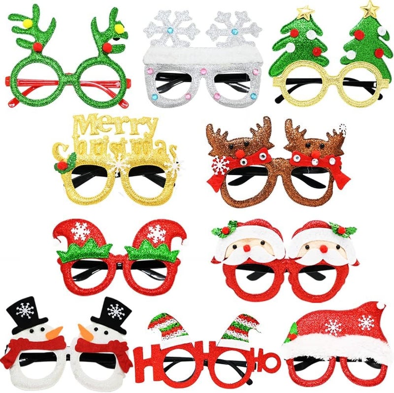 LUKBERA 10Pcs Christmas Glasses Glitter Xmas Santa Eyeglasses Frame for Adults Christmas Party Favor Holiday Gift Photo Props Decor Accessories - Image 2