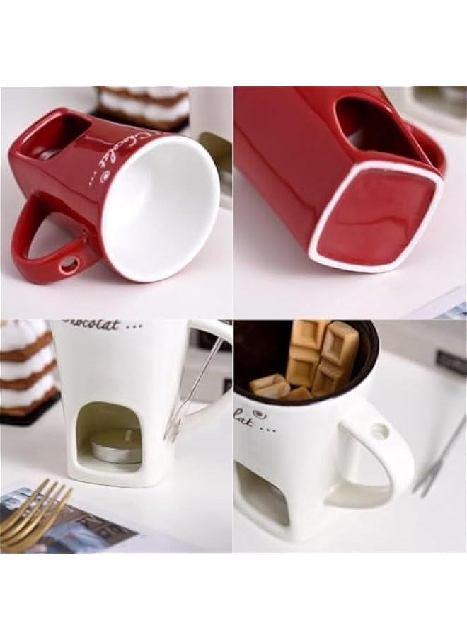 Generic - Chocolate Melting Fondue Mugs Set of 2 with Forks, Ceramic Personal Chocolate Melting Cup for Cheese,Chocolate Melting Mug, Chocolate Fondue Cup, Tealight Candle Mini Simmer Mug (White) - Image 1