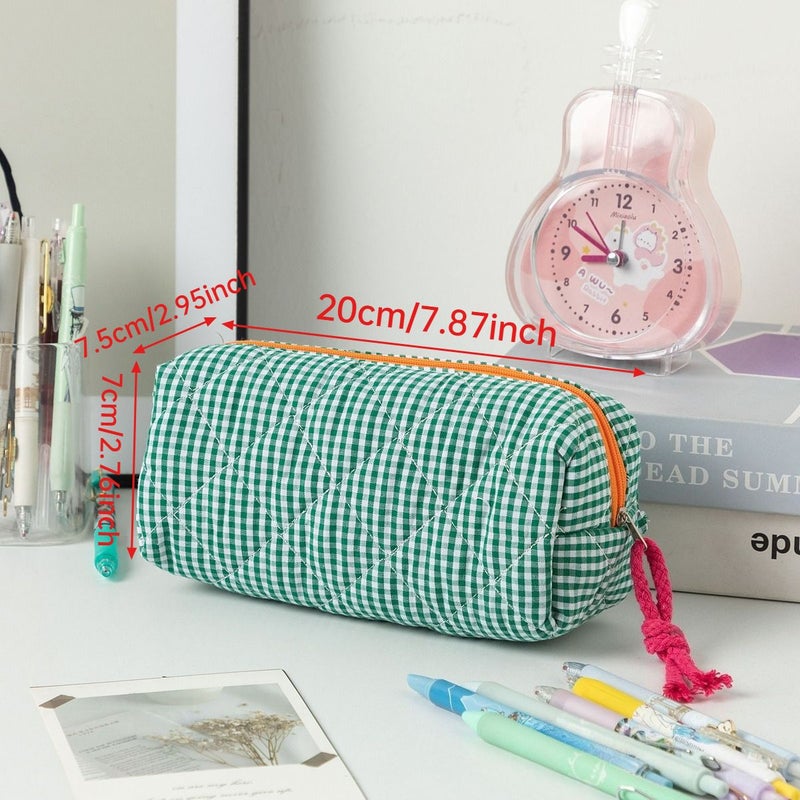 Green Plaid Checkered Storage Bag Spacious For Pencils Stationery Office Supplies With Zip Closure Travel Organization - Image 3