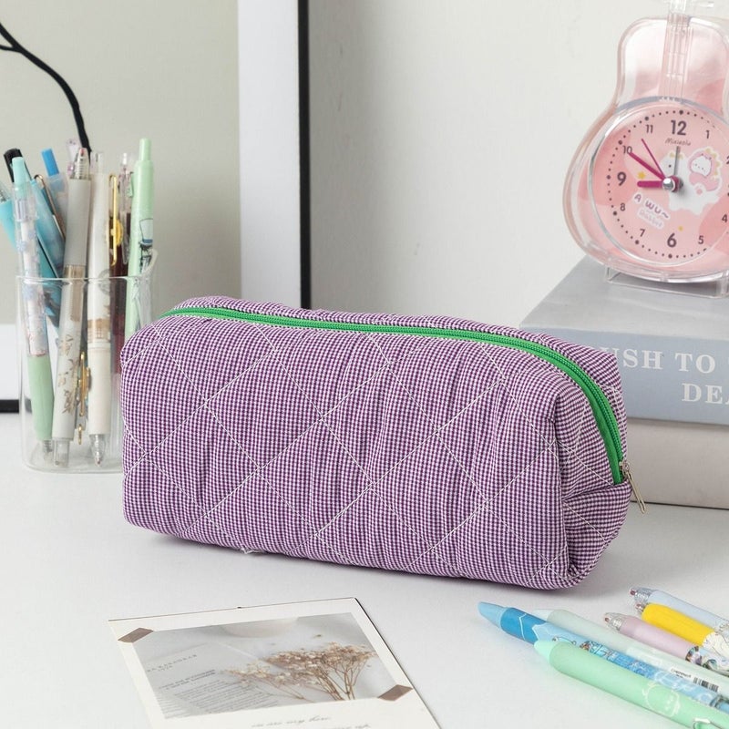 Green Plaid Checkered Storage Bag Spacious For Pencils Stationery Office Supplies With Zip Closure Travel Organization - Image 2