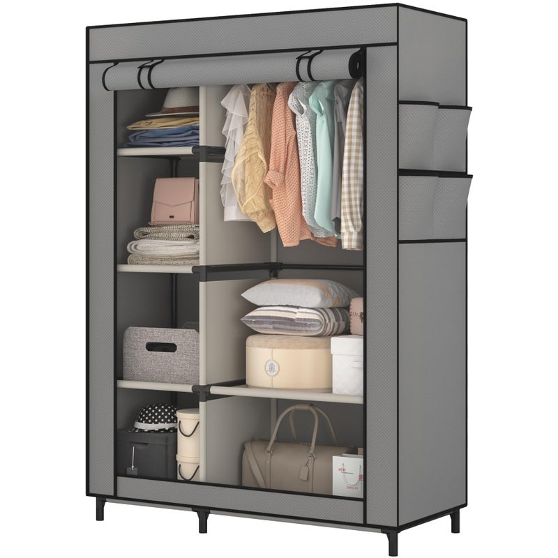 Calmootey Portable Closet Organizers, Clothing Storage, Wardrobe with 6 Shelves and Hanging Rod, Non-Woven Fabric Cover with 4 Side Pockets, Grey - Image 2