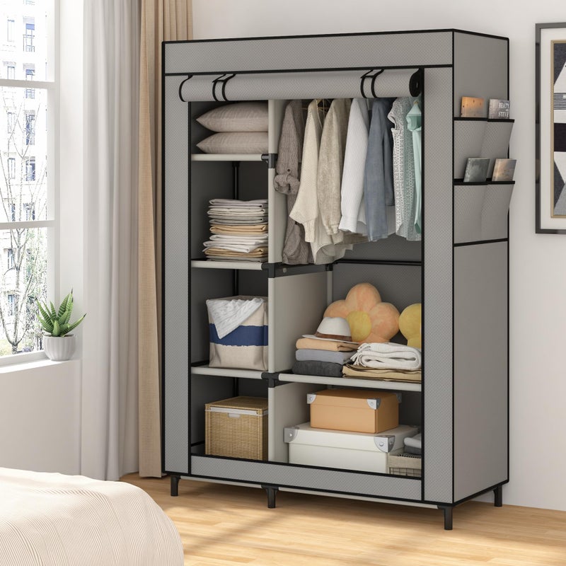 Calmootey Portable Closet Organizers, Clothing Storage, Wardrobe with 6 Shelves and Hanging Rod, Non-Woven Fabric Cover with 4 Side Pockets, Grey - Image 5