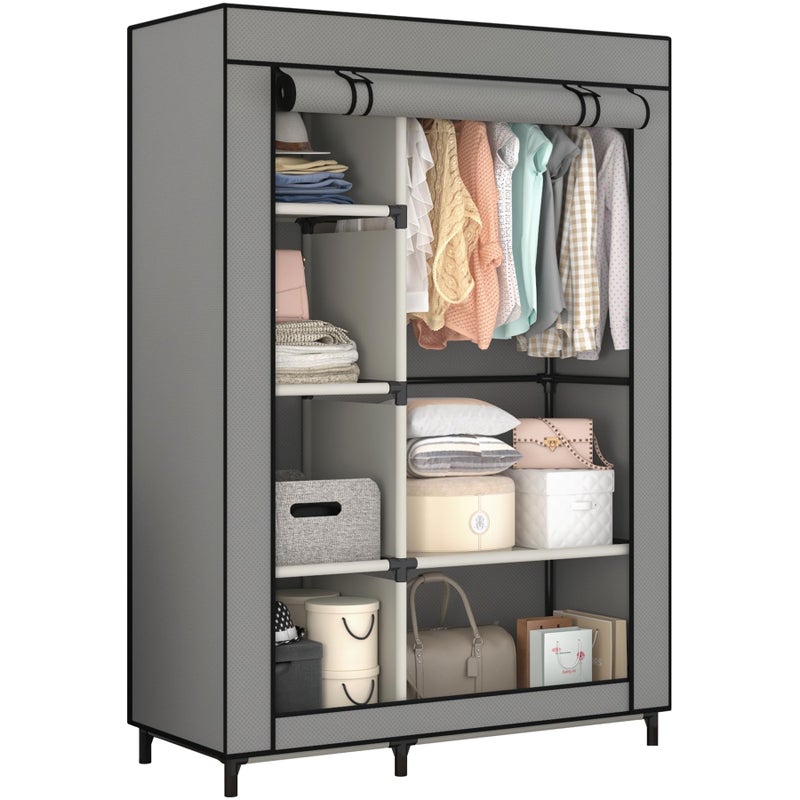 Calmootey Portable Closet Organizers, Clothing Storage, Wardrobe with 6 Shelves and Hanging Rod, Non-Woven Fabric Cover with 4 Side Pockets, Grey - Image 1