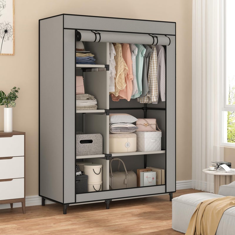 Calmootey Portable Closet Organizers, Clothing Storage, Wardrobe with 6 Shelves and Hanging Rod, Non-Woven Fabric Cover with 4 Side Pockets, Grey - Image 4